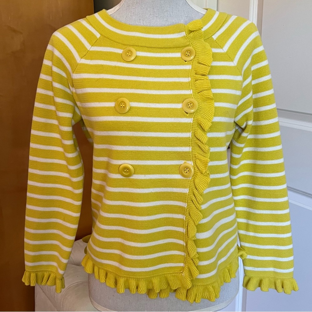 J Crew Katie Cotton Doubleknit Lady Sweater in Citron yellow and white stripe